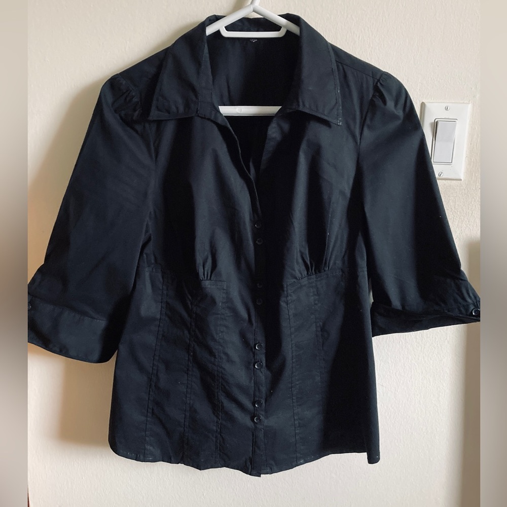 BLACK BLOUSE with EMPIRE WAIST - 3/4” Sleeve, Size M - Stretch